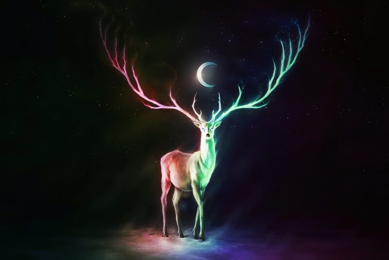 colorful deer with glowing antlers