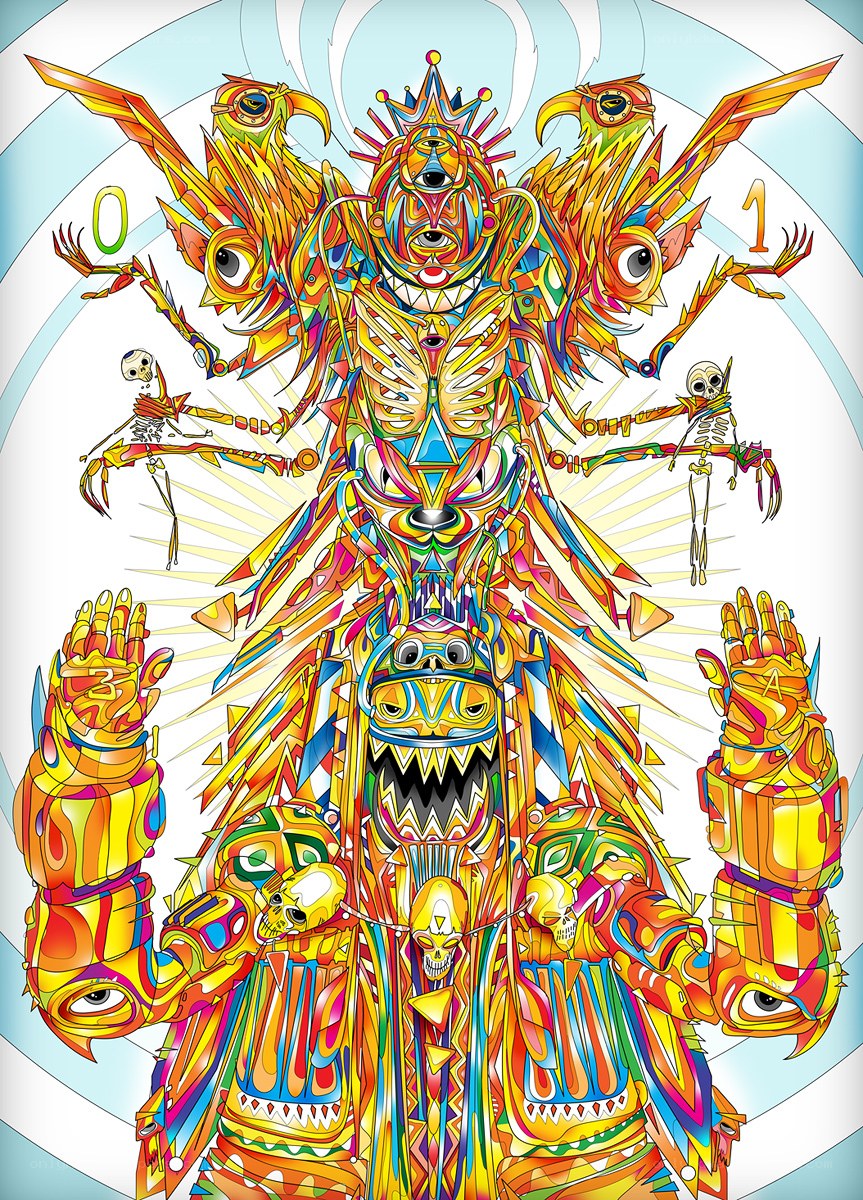 Colorful deity with multiple arms