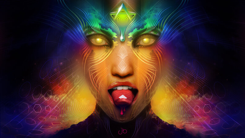 Colorful digital portrait with glowing eyes