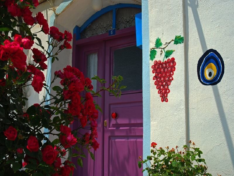 Colorful door with flowers and painted grapes