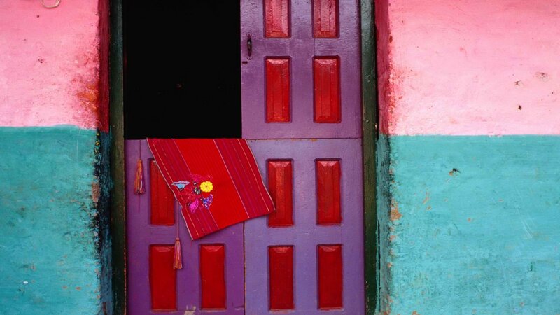 colorful door with red cloth