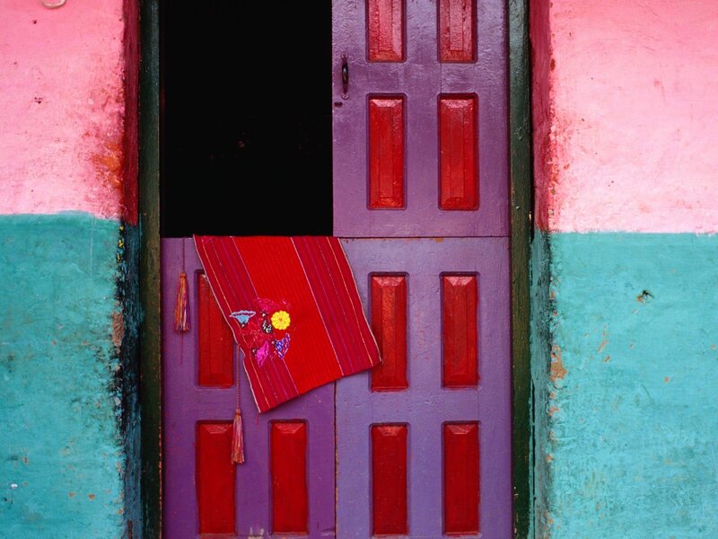 colorful door with red cloth
