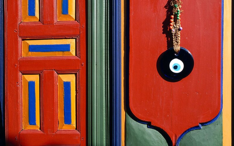 colorful doors with evil eye