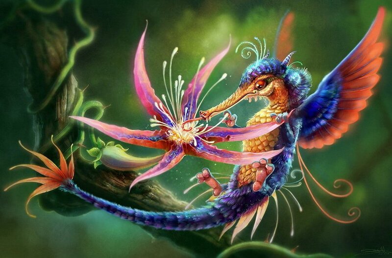 colorful dragon feeding on flower
