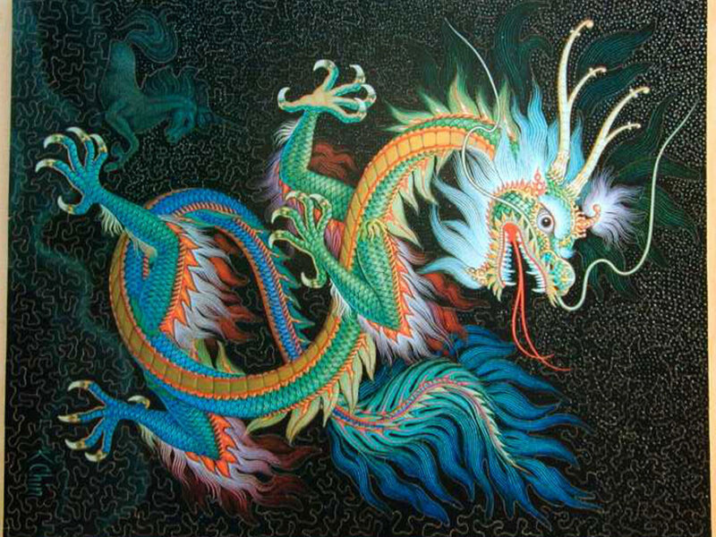 Colorful Dragon Illustration — Green, Dramatic, Clouds
