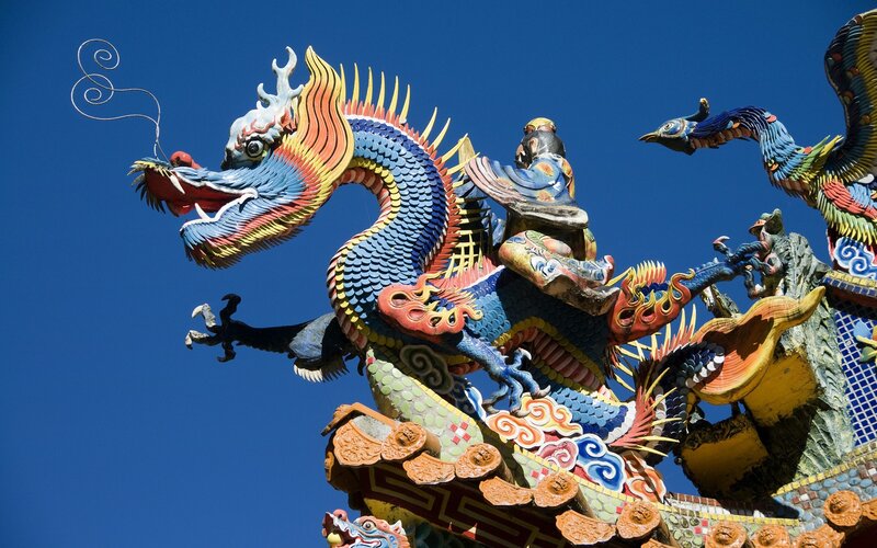 Colorful Dragon Sculpture — Blue, Dramatic, Afternoon, Photograph, Roof