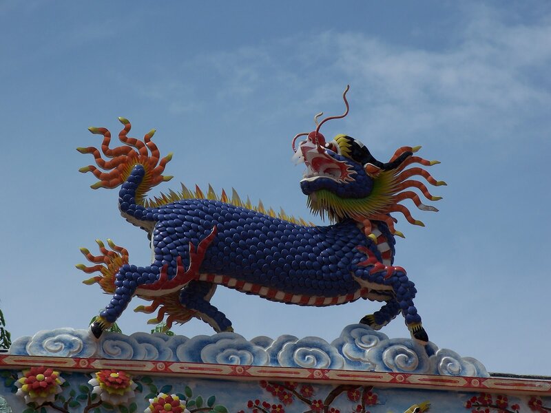 Colorful Dragon Sculpture — Blue, Dramatic, Afternoon, Photograph