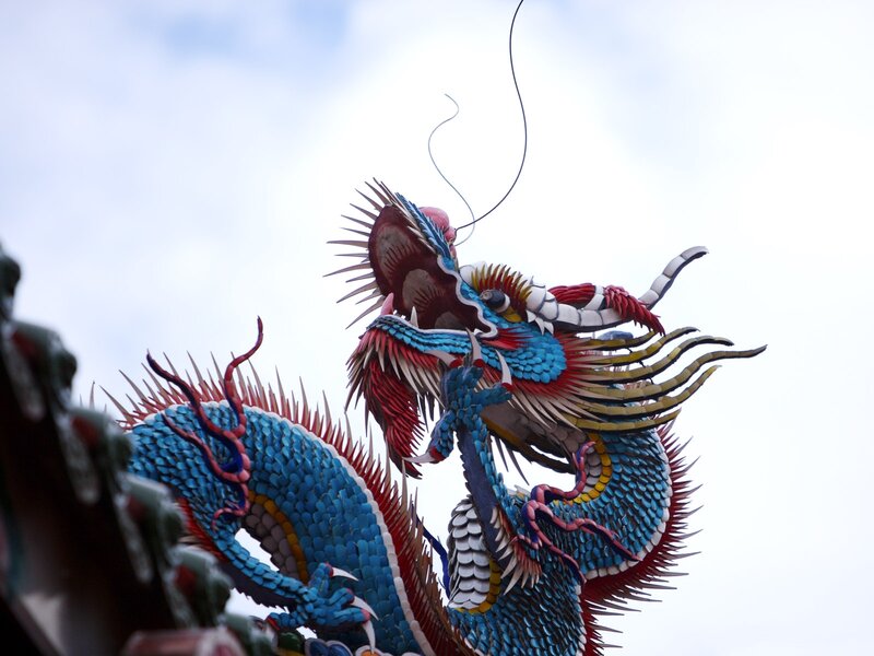Colorful Dragon Sculpture — Blue, Dramatic, Photograph