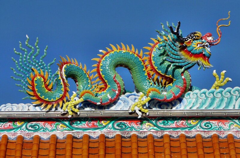 Colorful Dragon Sculpture — Blue, Dramatic
