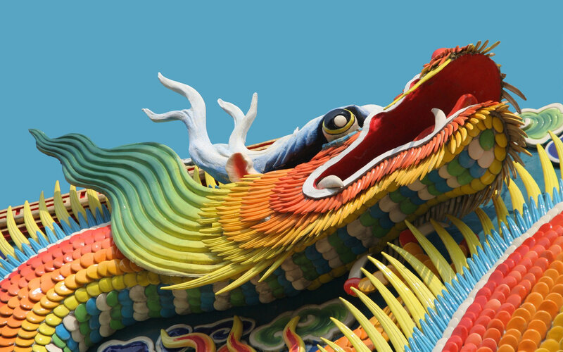 Colorful Dragon Sculpture — Blue, Vibrant