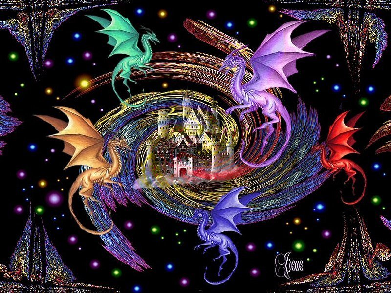 Colorful dragons around a castle