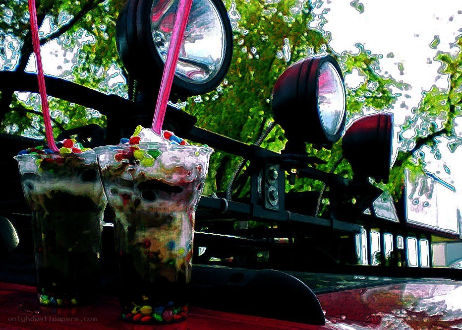 Colorful drinks on a car roof