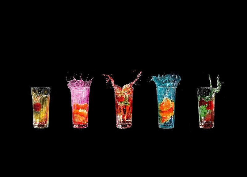 Colorful Drinks Splashing — Black, Dynamic, Photograph