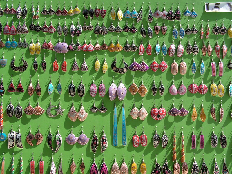 Colorful earrings on display