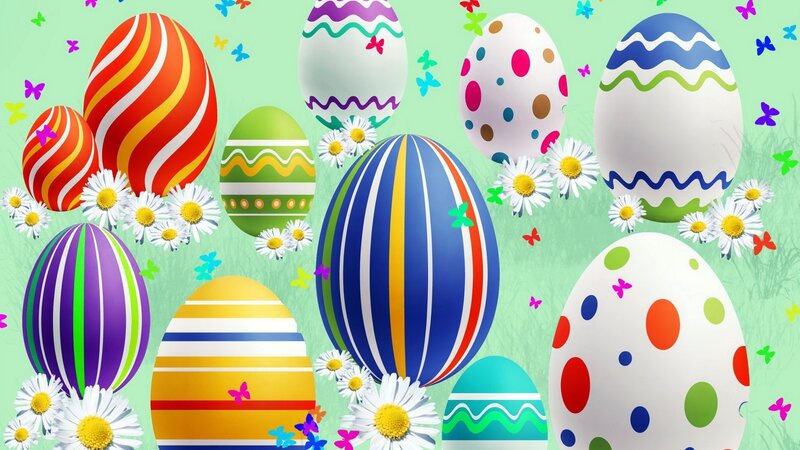 Colorful Easter eggs and flowers