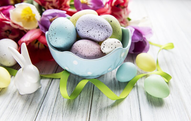 Colorful Easter Eggs — Blue, Festive, Spring, Photograph, Flowers, Bowl