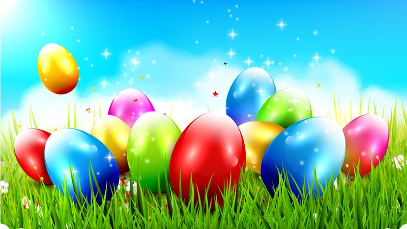 Colorful Easter Eggs — Green, Festive, Spring, Digital Art, Grass, Sky