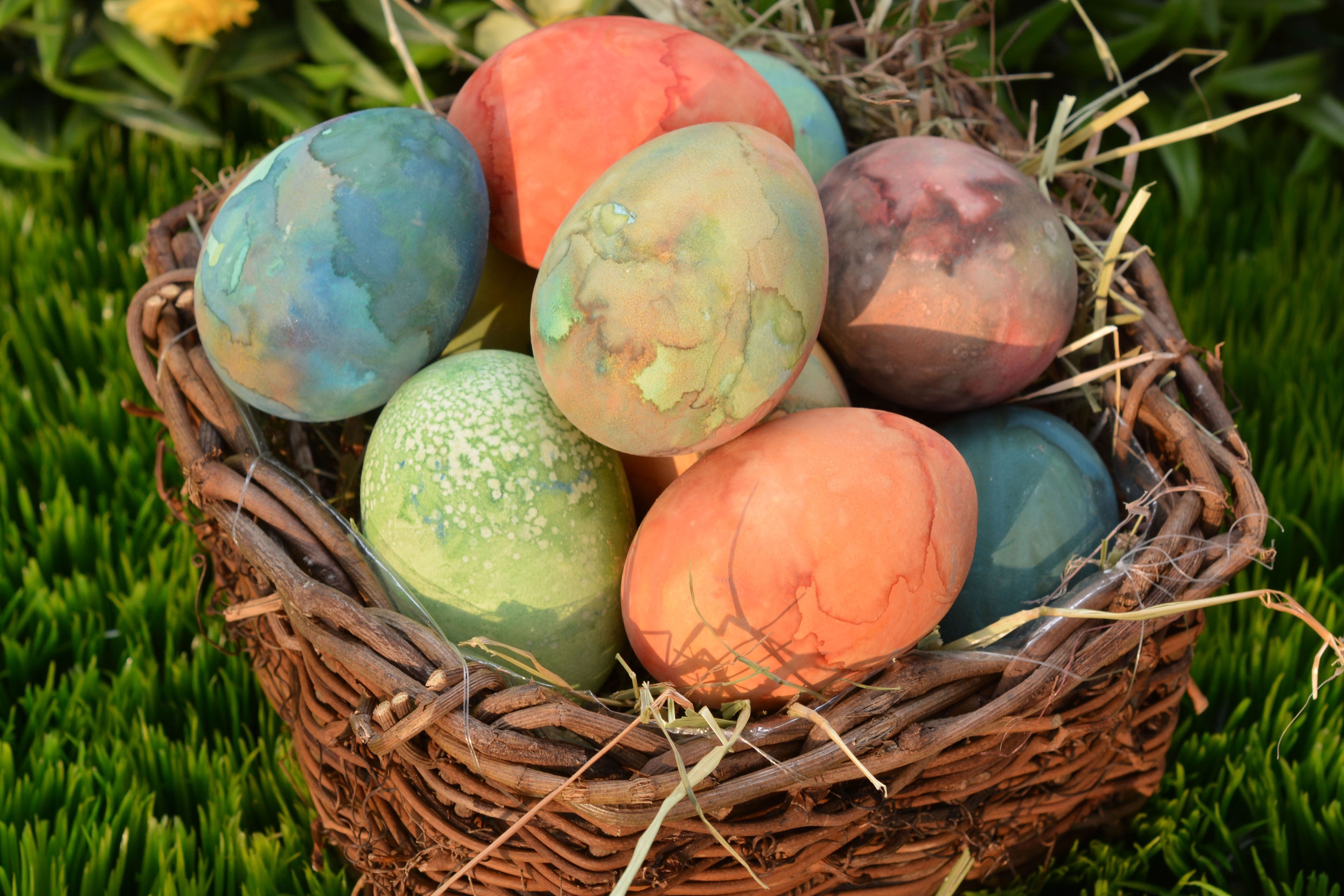 Colorful Easter eggs in a basket