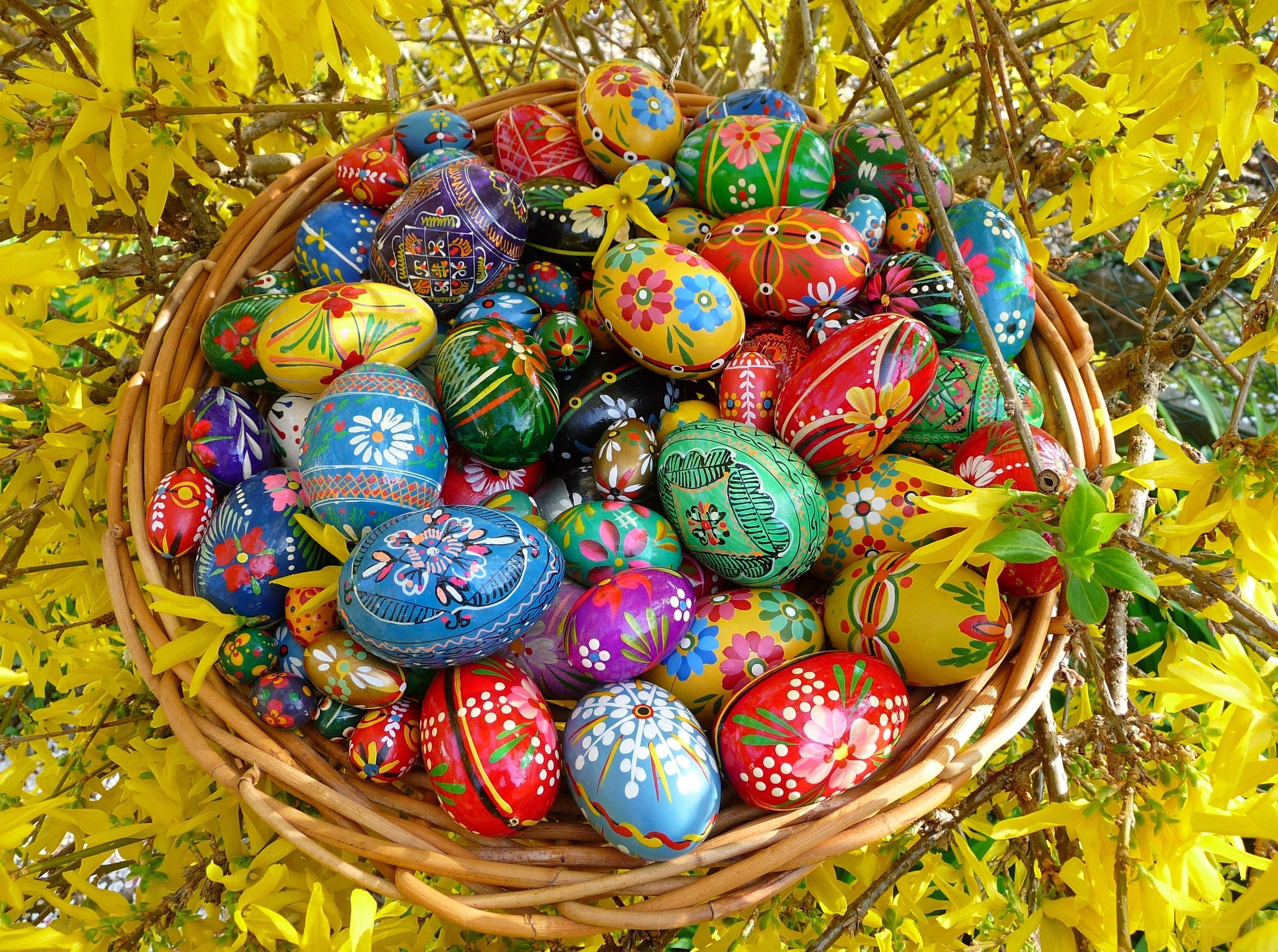 Colorful Easter eggs in basket