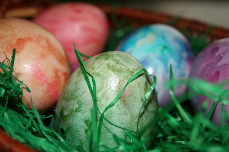 Colorful Easter eggs in basket