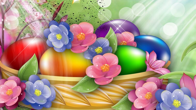 Colorful Easter Eggs in Basket — Green, Festive