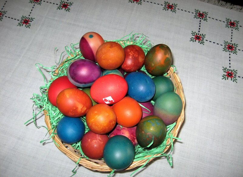 Colorful Easter eggs in basket