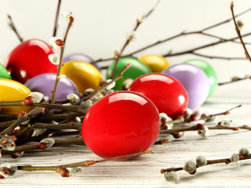 Colorful Easter Eggs — Red, Festive, Spring, Photograph, Willow Branches, Wooden Surface