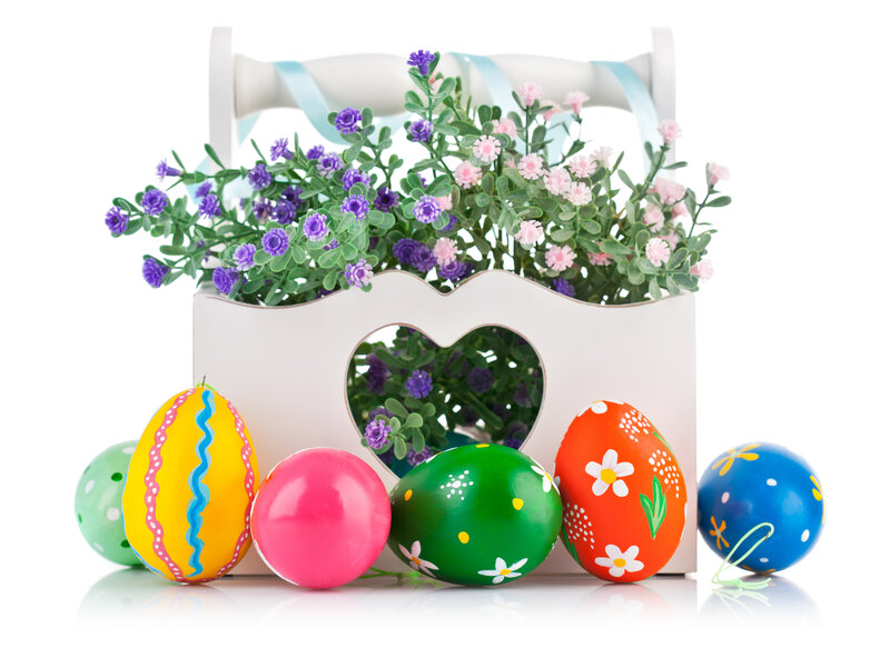Colorful Easter Eggs — White, Festive, Spring, Photograph, Flowers, Basket