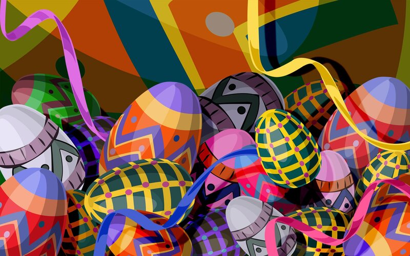 Colorful Easter eggs with ribbons