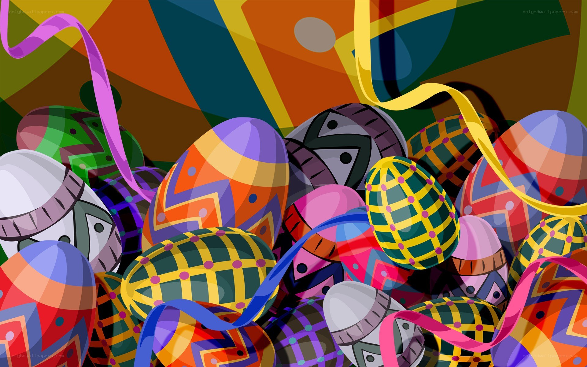 Colorful Easter eggs with ribbons