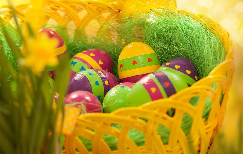 Colorful Easter Eggs — Yellow, Festive, Spring, Photograph, Basket, Daffodils