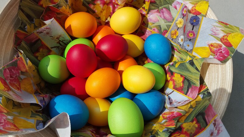 Colorful Easter Eggs — Yellow, Festive, Spring, Photograph, Basket, Paper