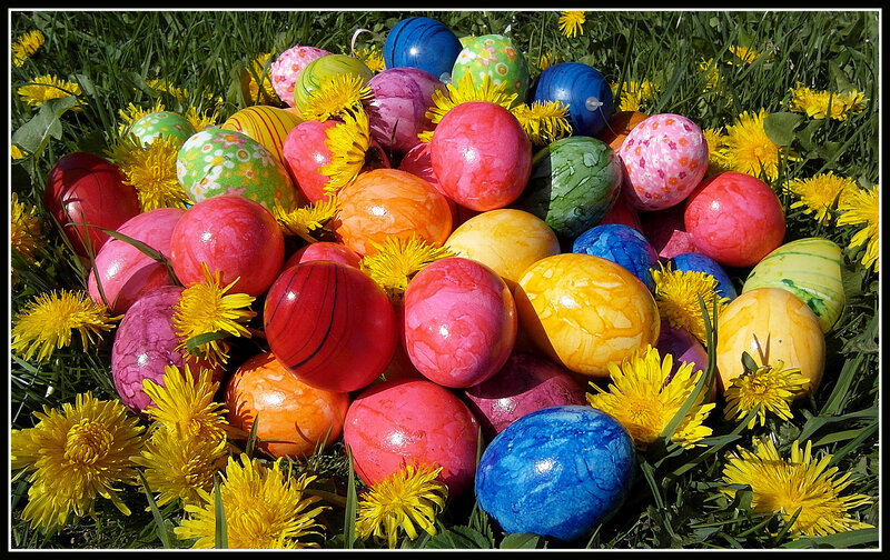 Colorful Easter Eggs — Yellow, Festive, Spring, Photograph, Dandelions