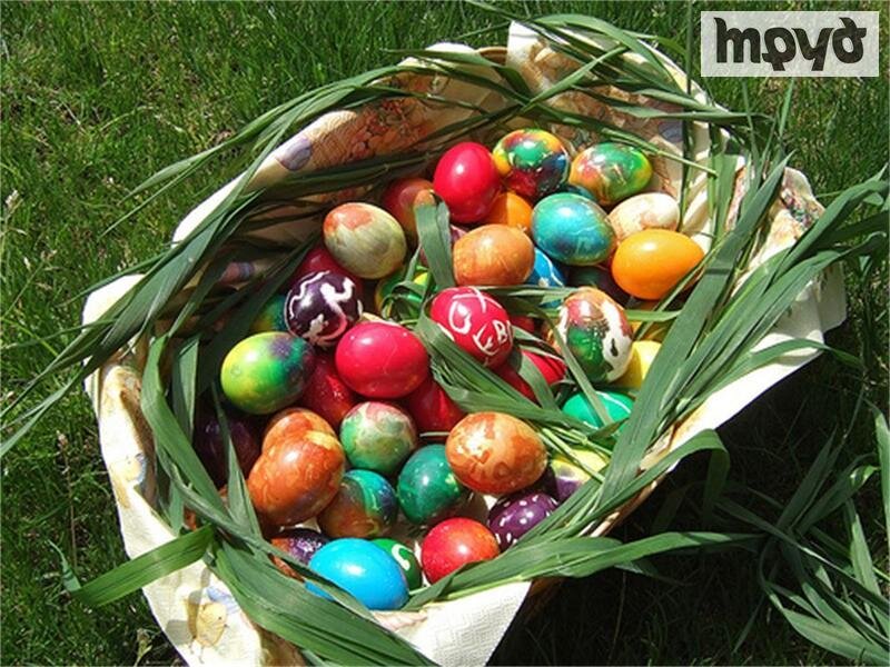 Colorful Eggs in Basket — Green