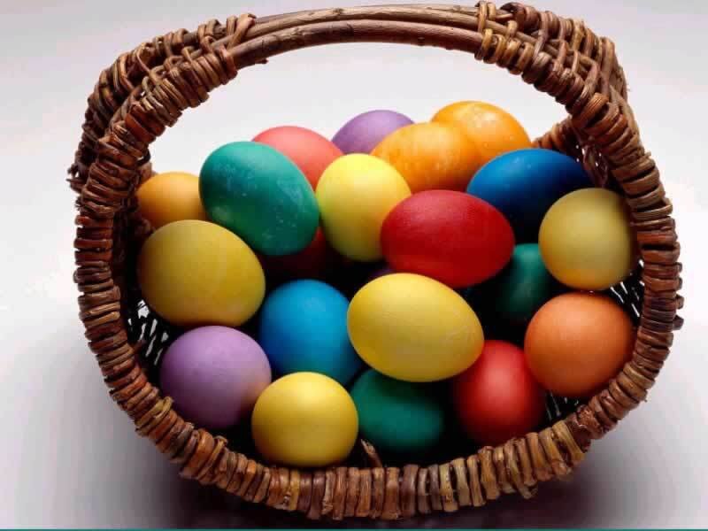 Colorful Eggs in Basket — Yellow, Festive, Photograph, Blue