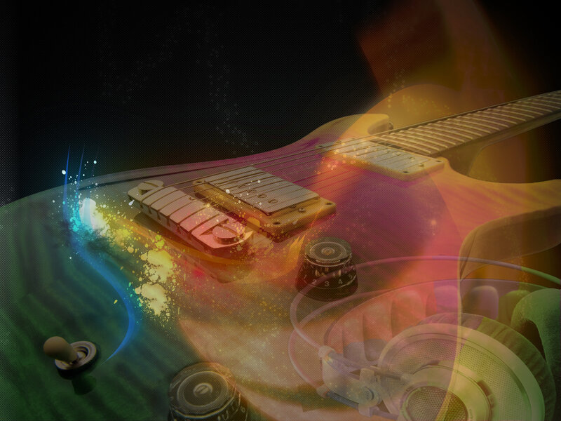 Colorful electric guitar with headphones