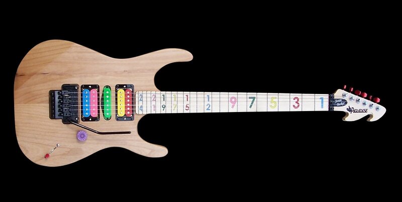Colorful electric guitar with numbered frets