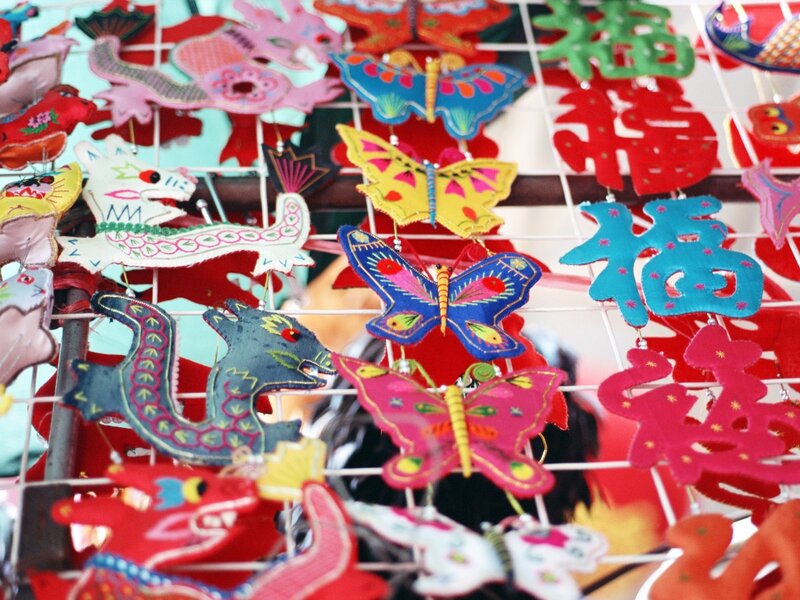 Colorful fabric ornaments on display