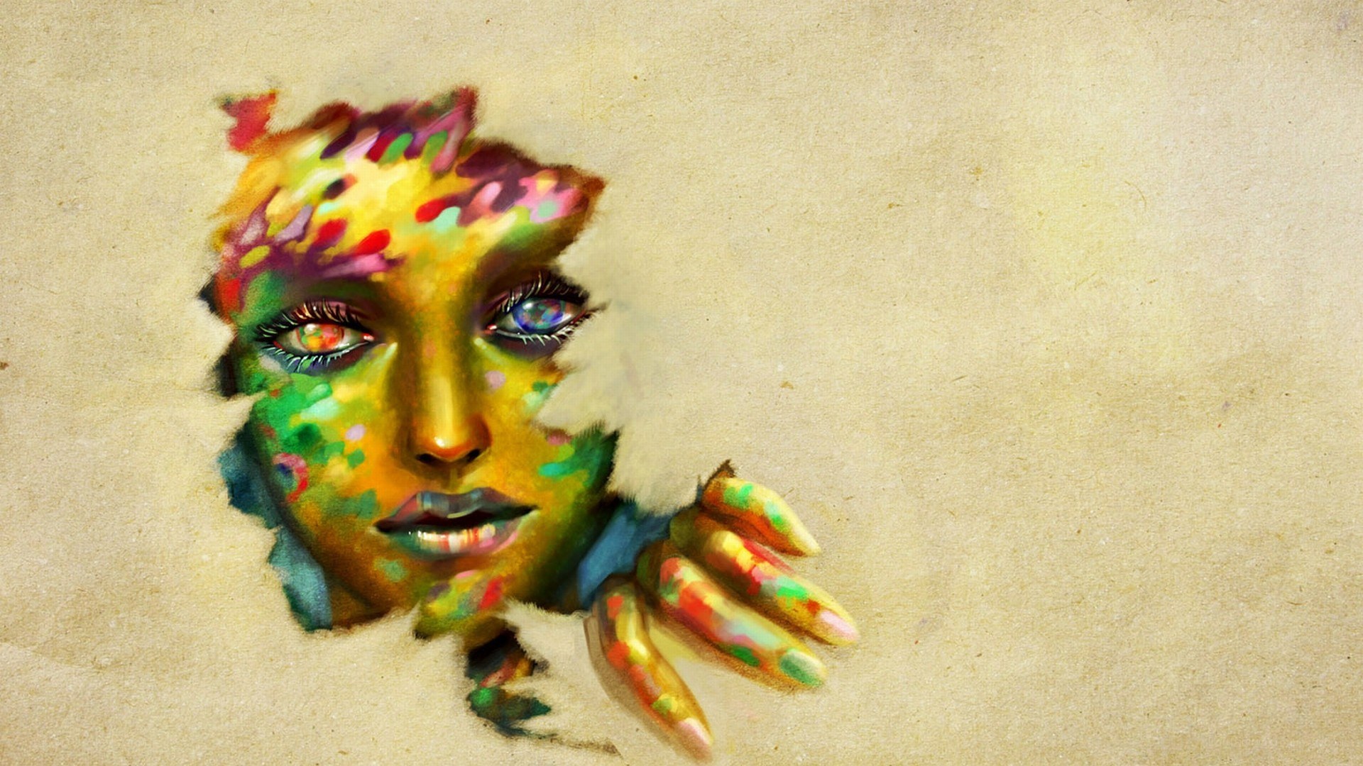 colorful face emerging from paper