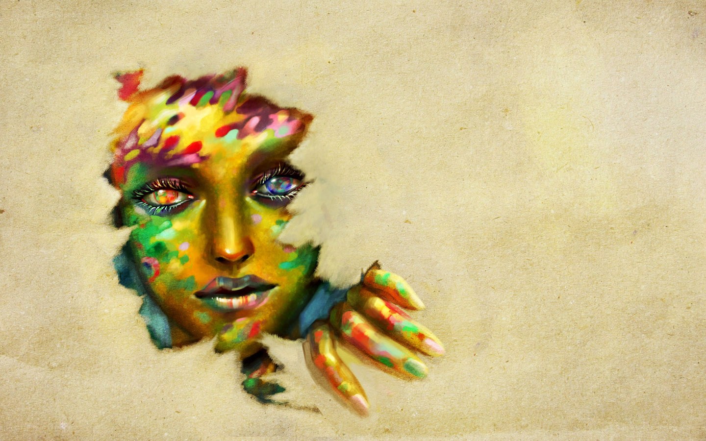 colorful face emerging from paper