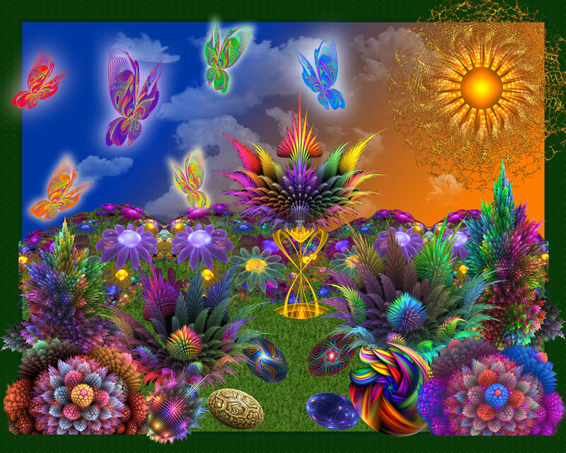 Colorful fantasy landscape with butterflies