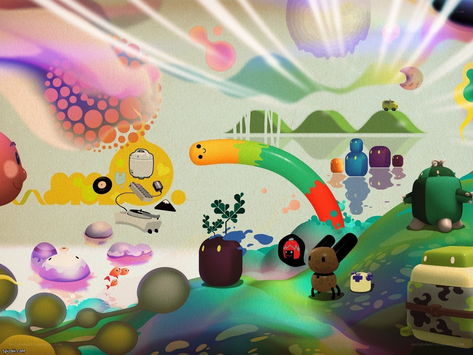 Colorful fantasy landscape with creatures