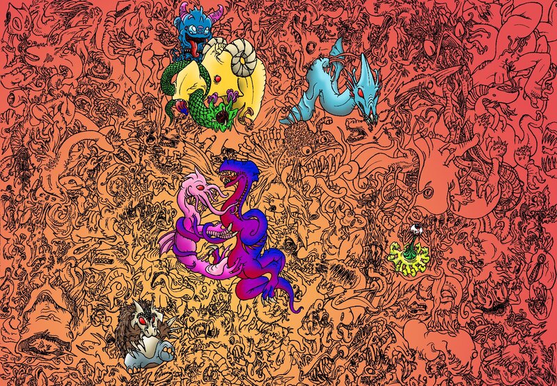 Colorful fantasy monster collage