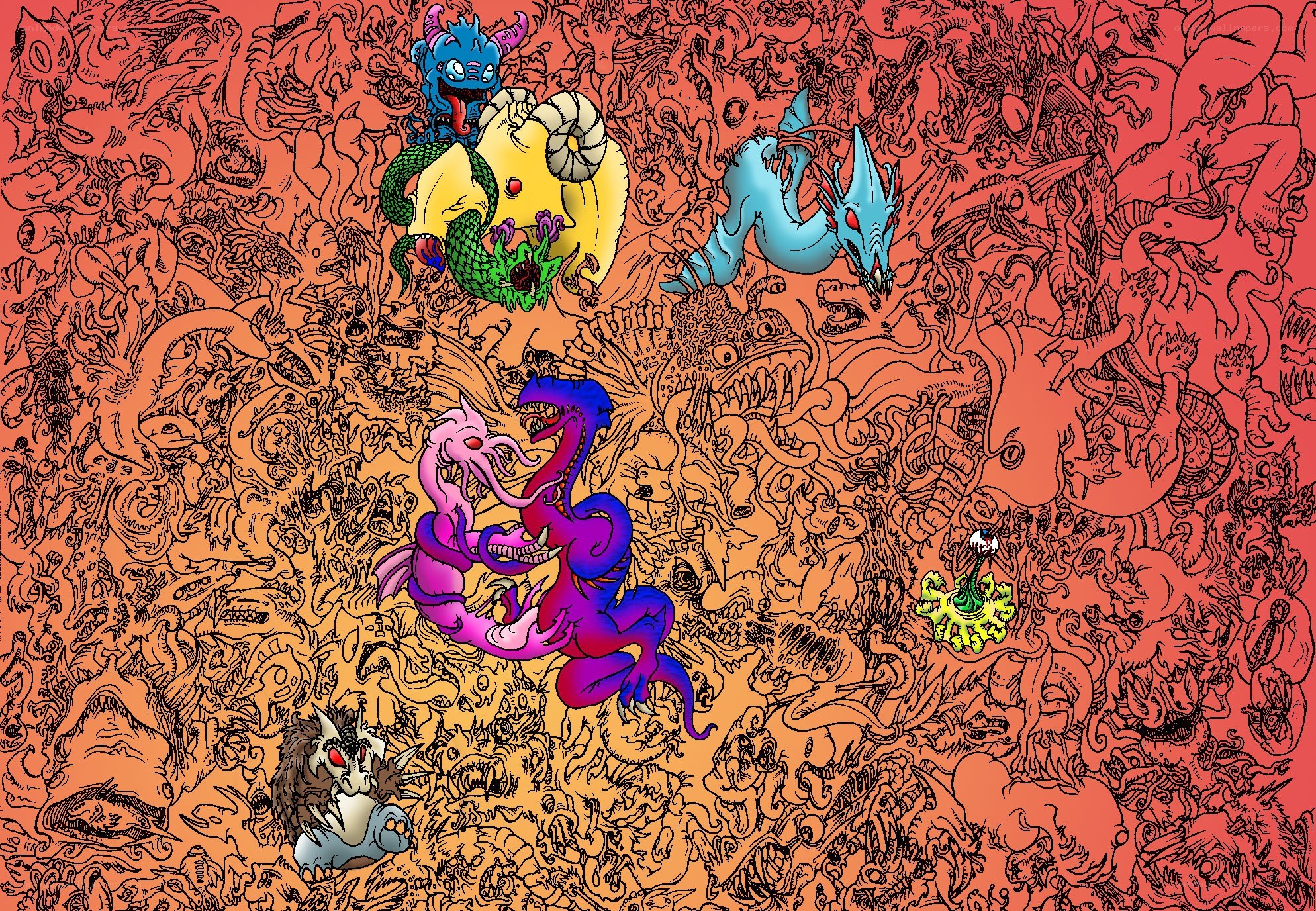 Colorful fantasy monster collage