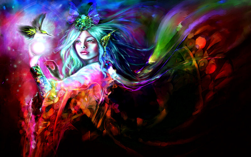colorful fantasy woman with hummingbird
