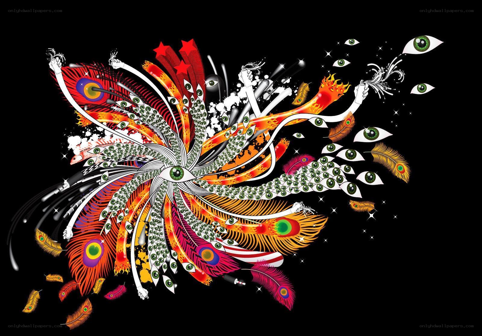 colorful feather and eye art