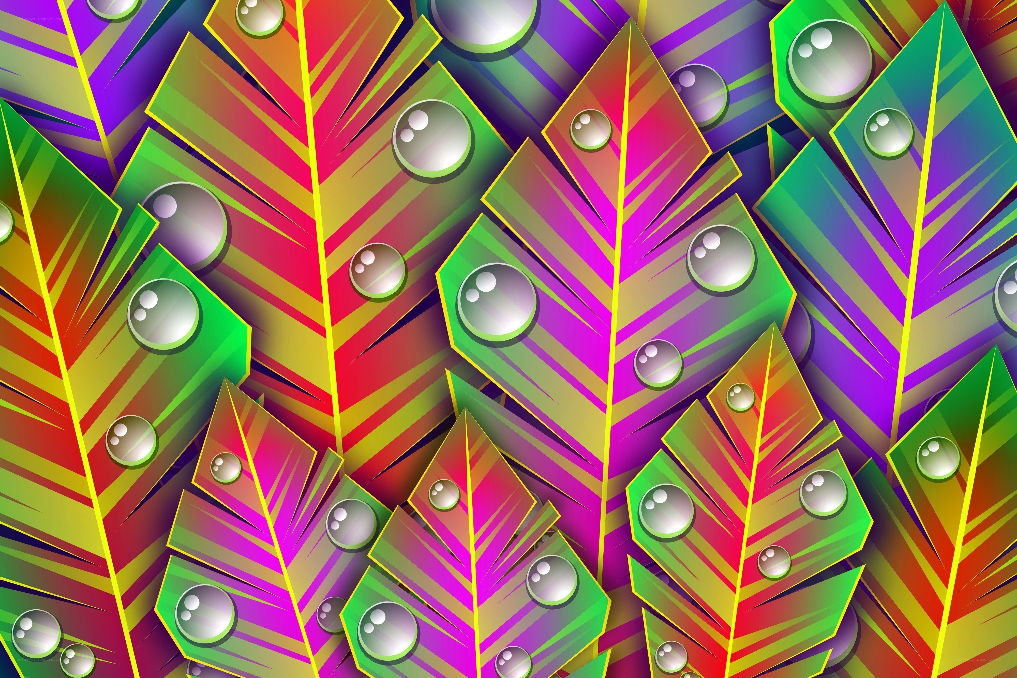 Colorful feather pattern with water droplets