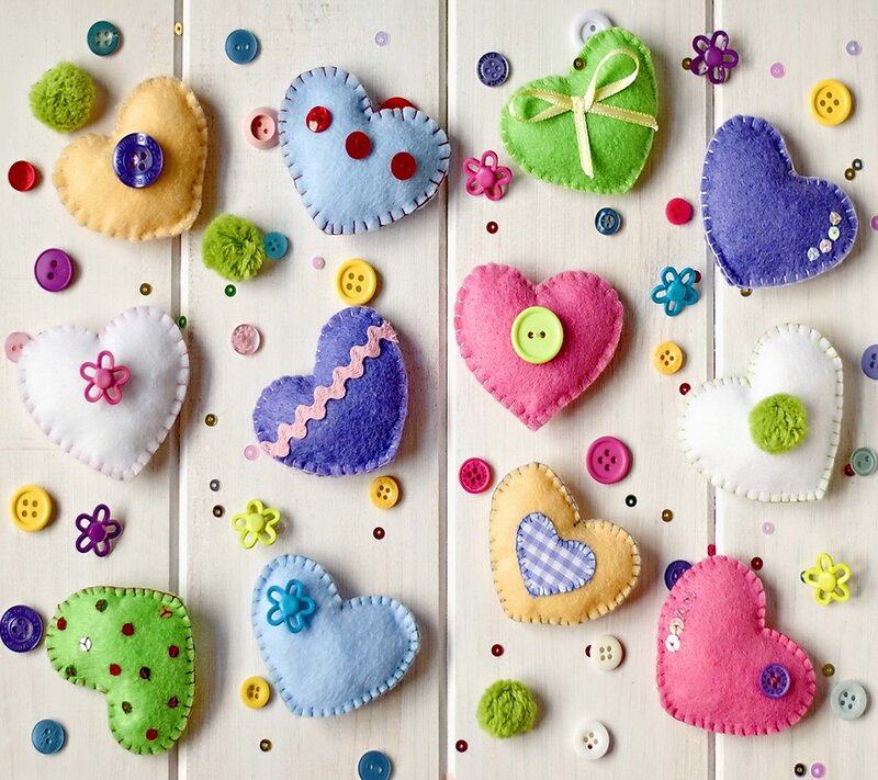 Colorful Felt Hearts — White