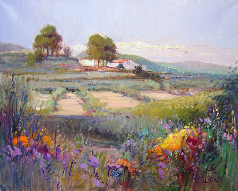 Colorful field with distant house