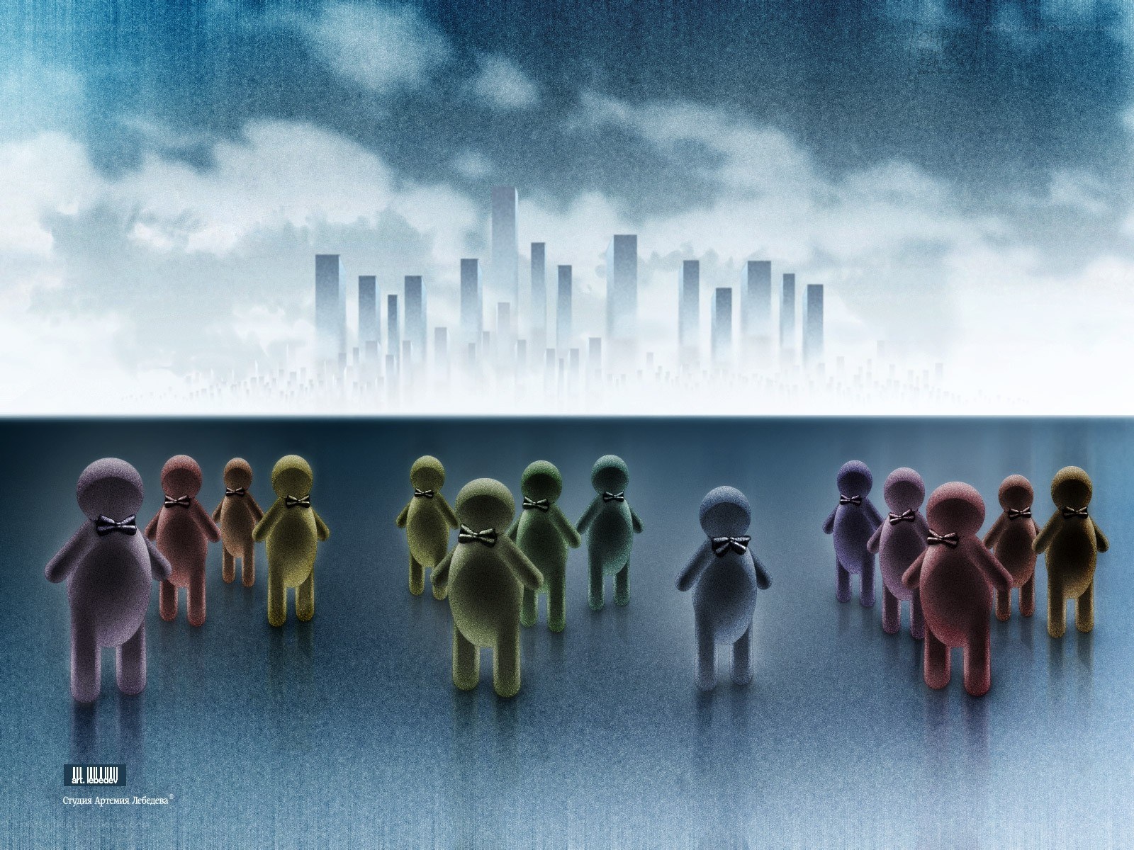 Colorful figures in a cityscape